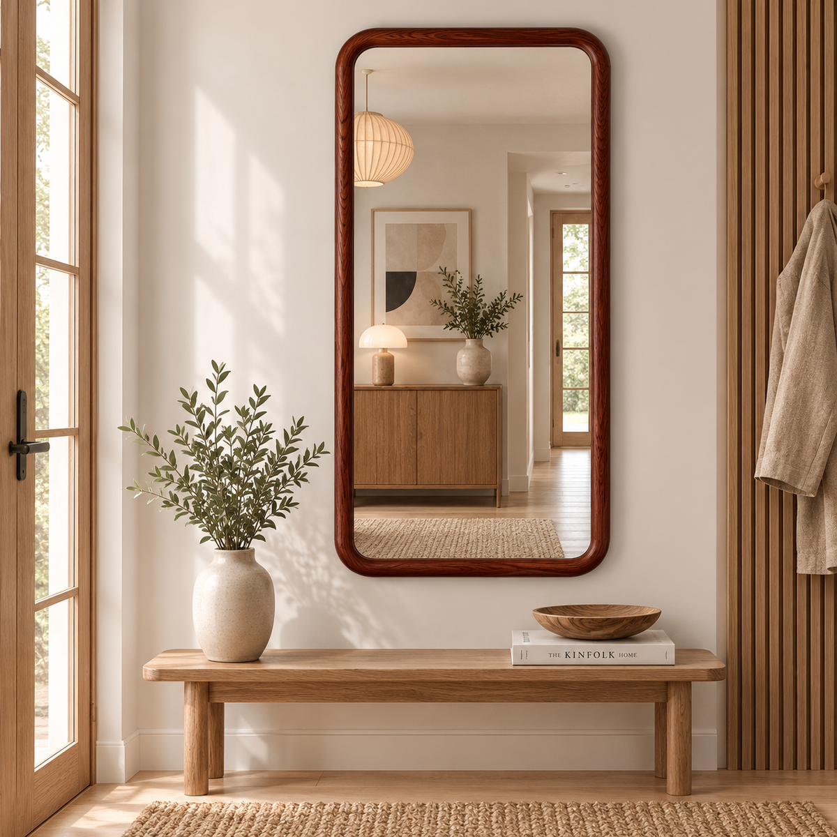 Rounded Rectangle Wall Mirror, Wood Framed Mirror, Solid Beech Wood Bathroom Vanity Mirror