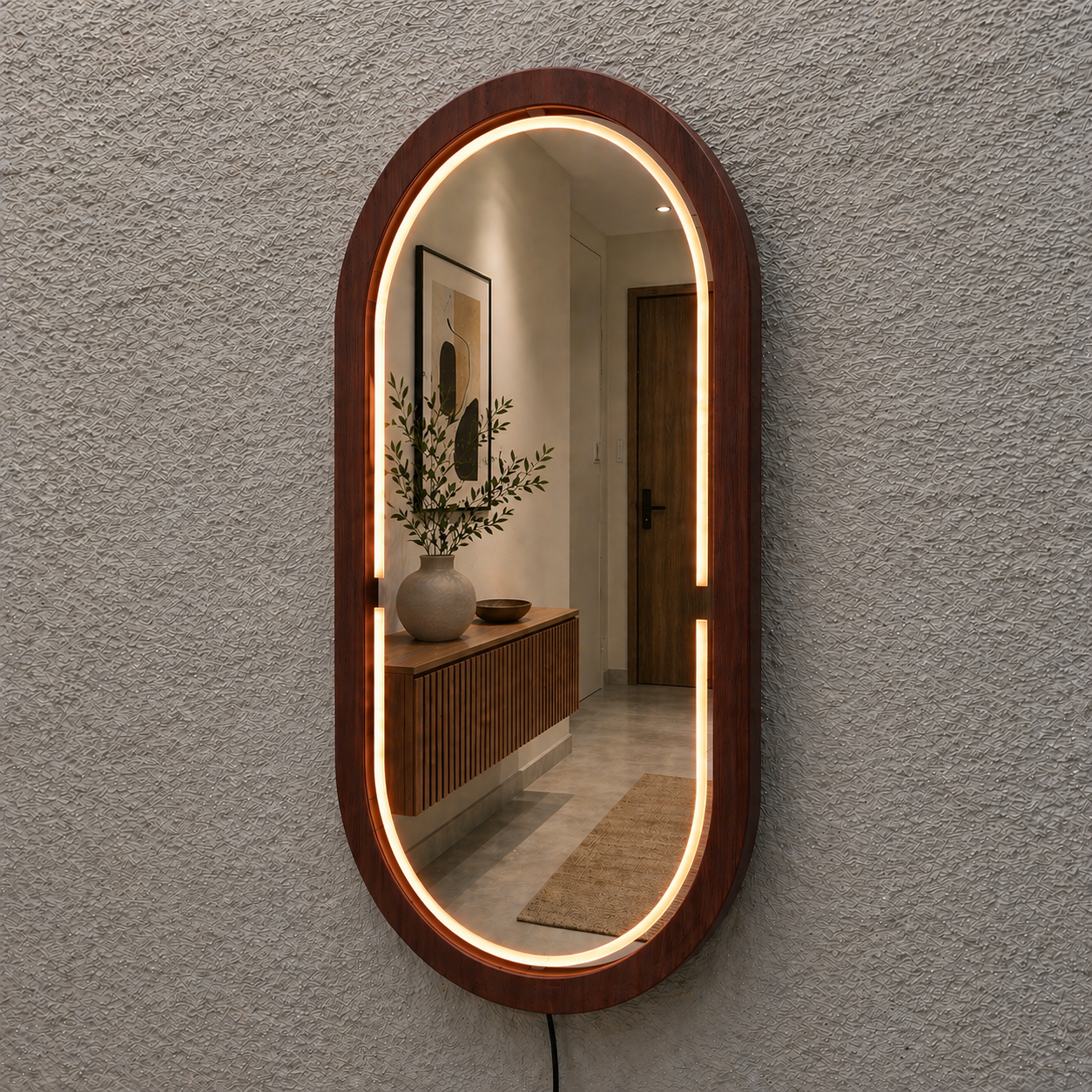 Handmade Beech Wood Framed LED Capsule Mirror Dimmable Lighted Wall Mirror