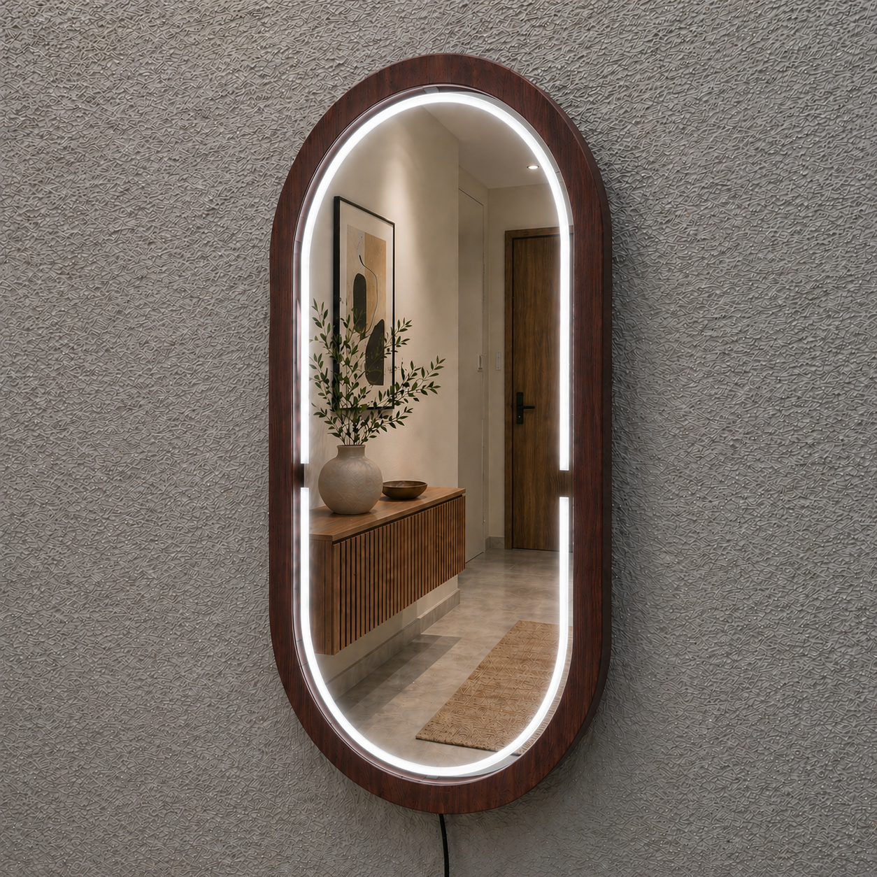Handmade Beech Wood Framed LED Capsule Mirror Dimmable Lighted Wall Mirror