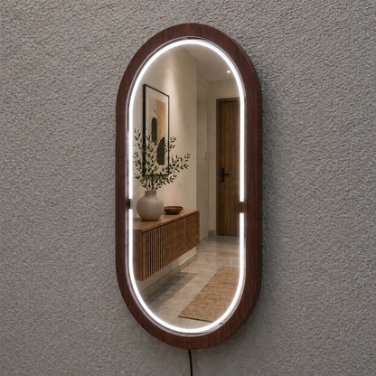 Handmade Beech Wood Framed LED Capsule Mirror Dimmable Lighted Wall Mirror