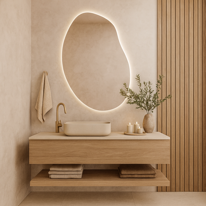 LED Bathroom Mirror – Modern Irregular Shaped Lighted Vanity Mirror with Touch Sensor