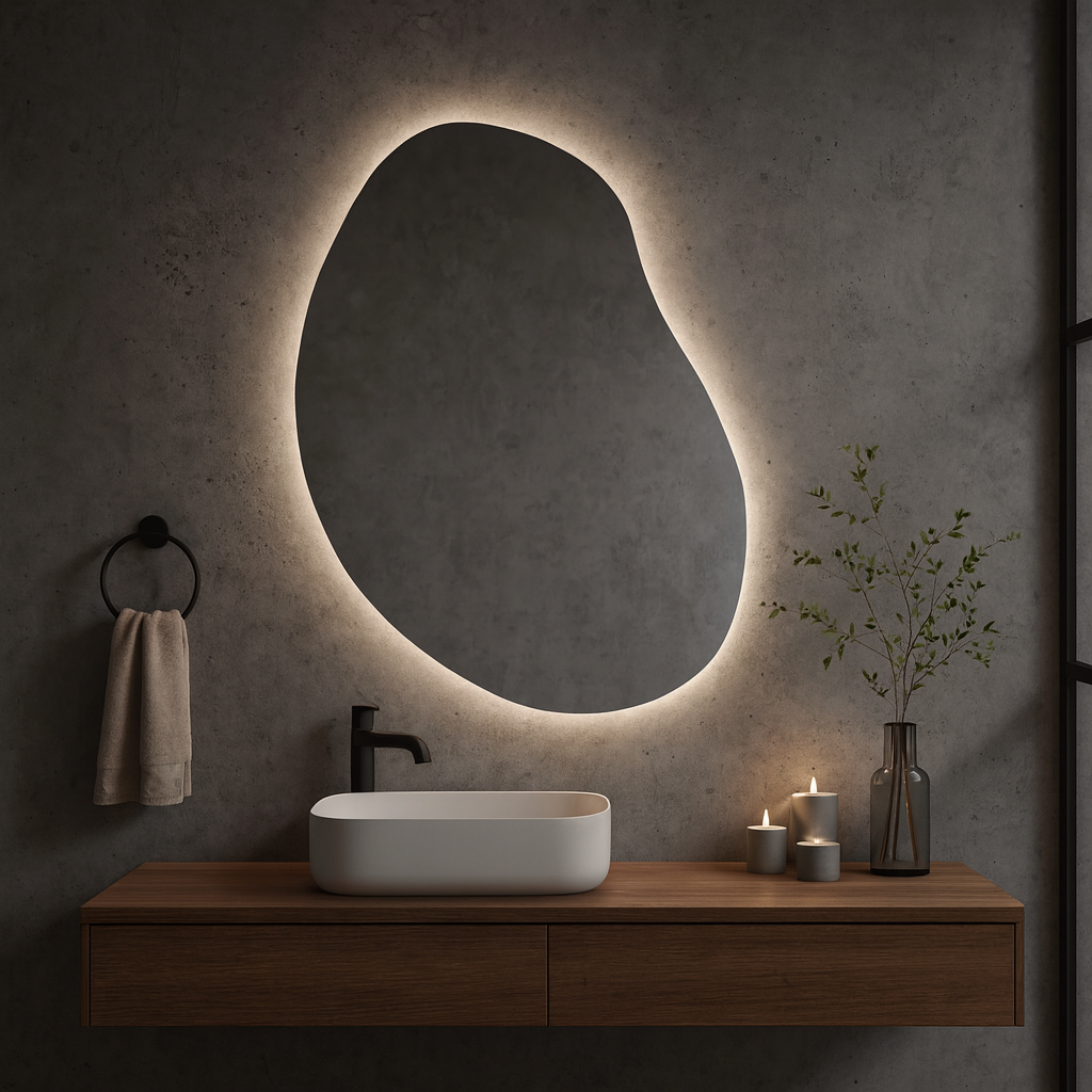LED Bathroom Mirror – Modern Irregular Shaped Lighted Vanity Mirror with Touch Sensor
