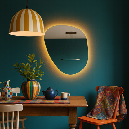 LED Wall Mirror – Irregular Organic Shape Lighted Mirror, Modern Boho Wall Decor with Backlit Glow