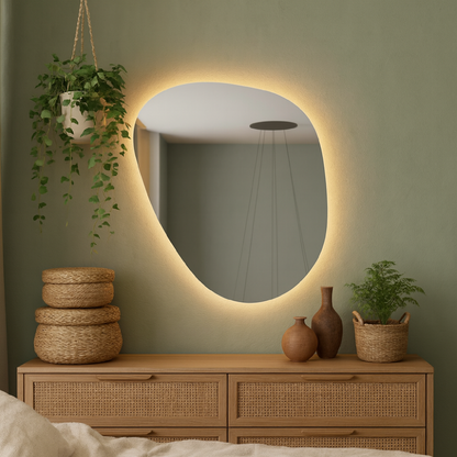 LED Wall Mirror – Irregular Organic Shape Lighted Mirror, Modern Boho Wall Decor with Backlit Glow