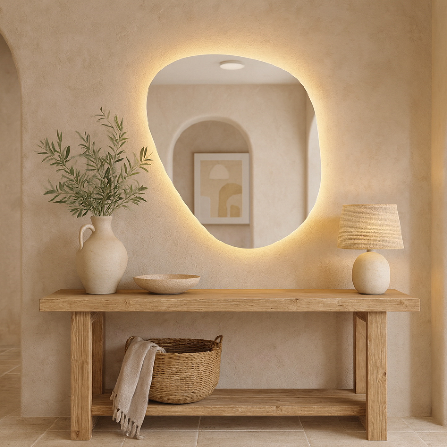 LED Wall Mirror – Irregular Organic Shape Lighted Mirror, Modern Boho Wall Decor with Backlit Glow