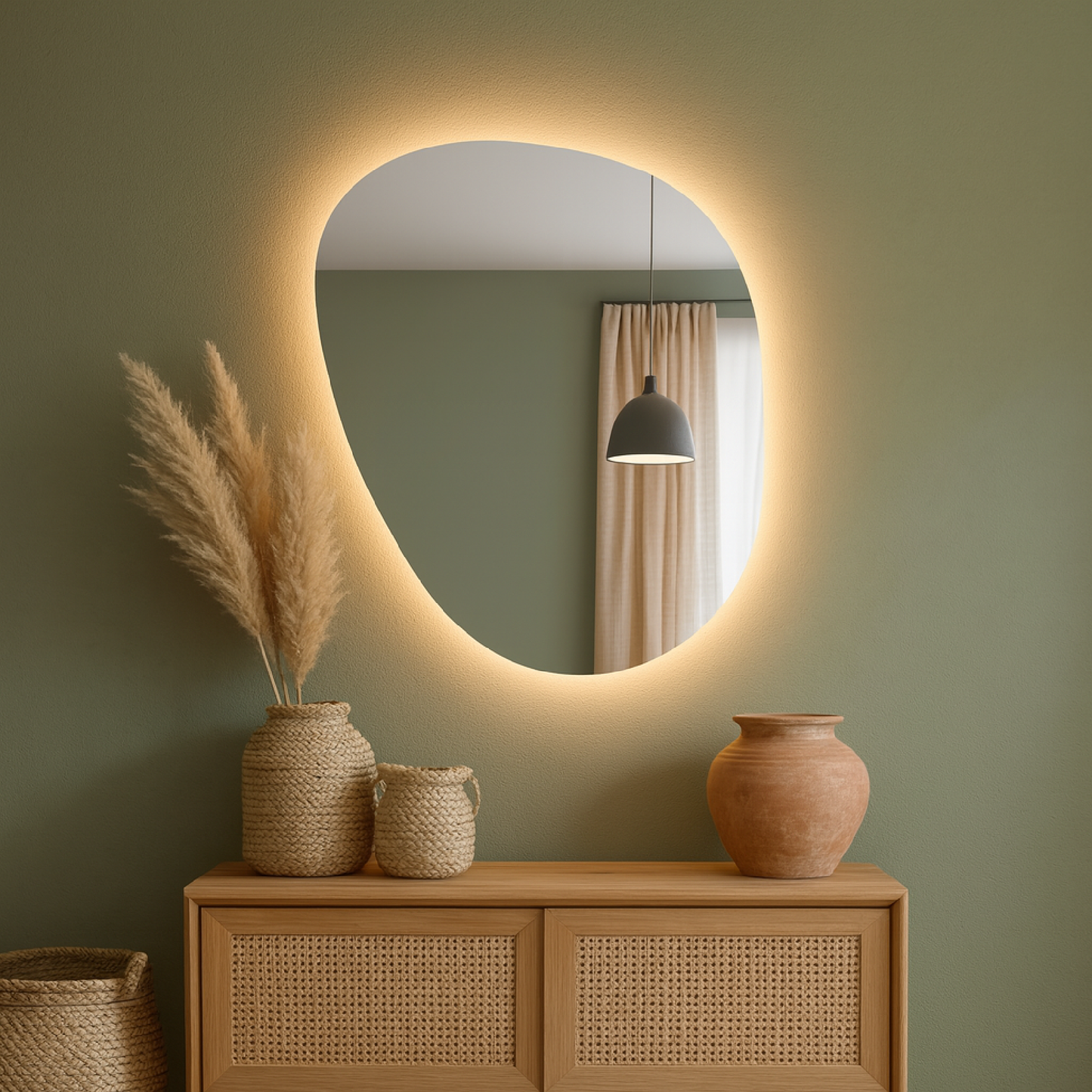 LED Wall Mirror – Irregular Organic Shape Lighted Mirror, Modern Boho Wall Decor with Backlit Glow