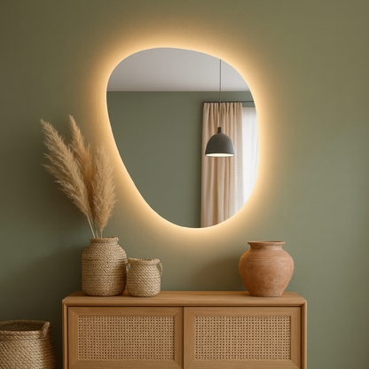 LED Wall Mirror – Irregular Organic Shape Lighted Mirror, Modern Boho Wall Decor with Backlit Glow