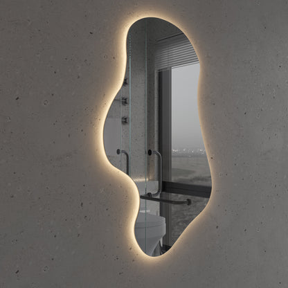 LED Bathroom Mirror Asymmetrical Shape – Modern Organic Backlit Wall Mirror with Warm & Cool Light