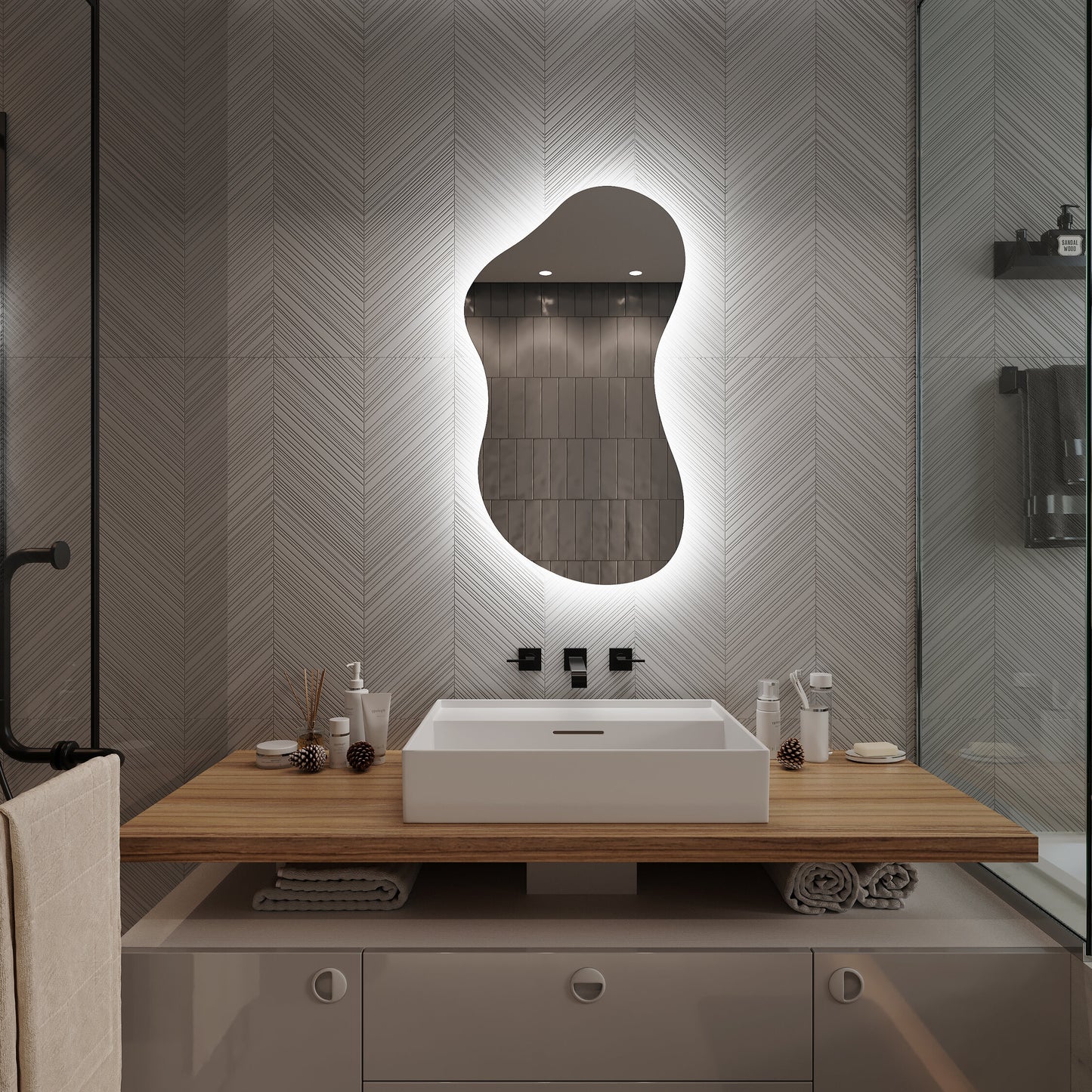LED Bathroom Mirror Asymmetrical Shape – Modern Backlit Vanity Wall Mirror