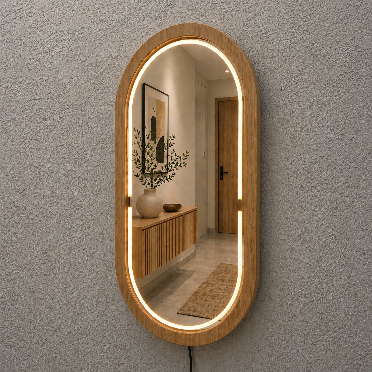 Handmade Beech Wood Framed LED Capsule Mirror Dimmable Lighted Wall Mirror