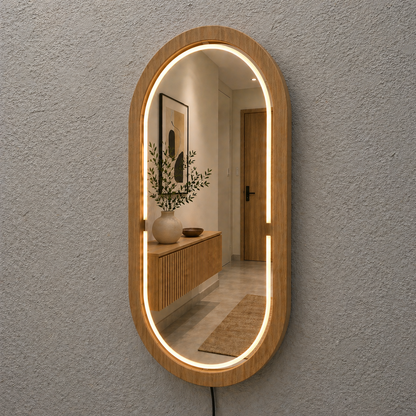 Handmade Beech Wood Framed LED Capsule Mirror Dimmable Lighted Wall Mirror