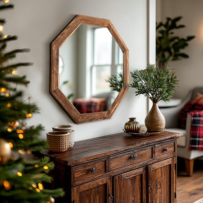Octagon Wood Frame Mirror - Rustic Farmhouse Decor
