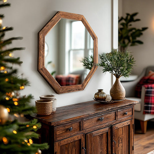 Octagon Wood Frame Mirror - Rustic Farmhouse Decor
