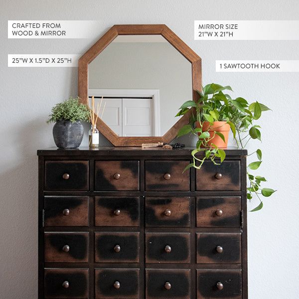 Octagon Wood Frame Mirror - Rustic Farmhouse Decor