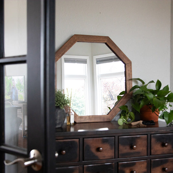 Octagon Wood Frame Mirror - Rustic Farmhouse Decor