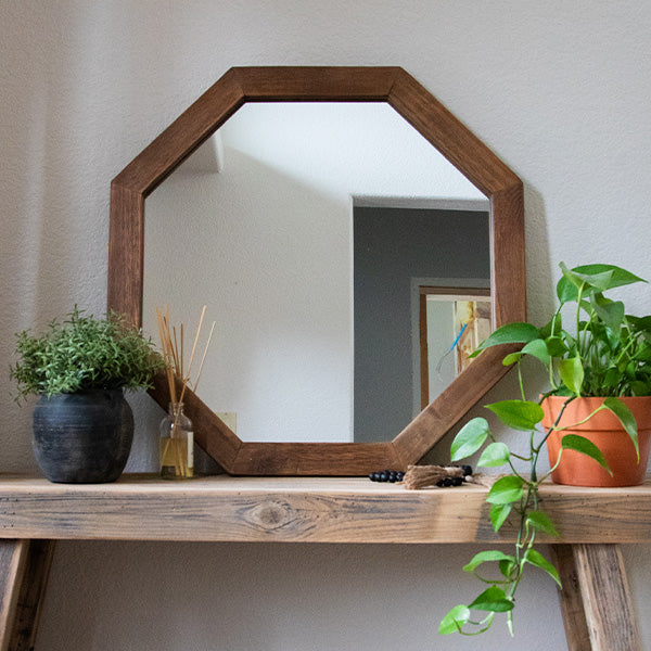 Octagon Wood Frame Mirror - Rustic Farmhouse Decor