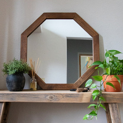 Octagon Wood Frame Mirror - Rustic Farmhouse Decor