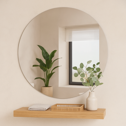 Modern Round Wall Mirror – Frameless Circle Bathroom Mirror, Handmade Minimalist Vanity Mirror