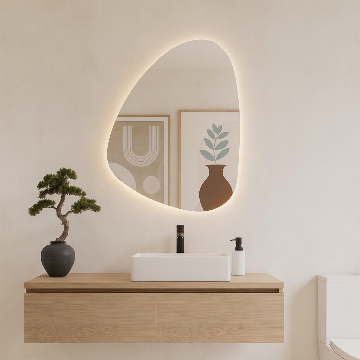 LED Bathroom Mirror – Organic Shaped Backlit Vanity Mirror with Touch Sensor,  Modern Handmade Lighted Wall Mirror