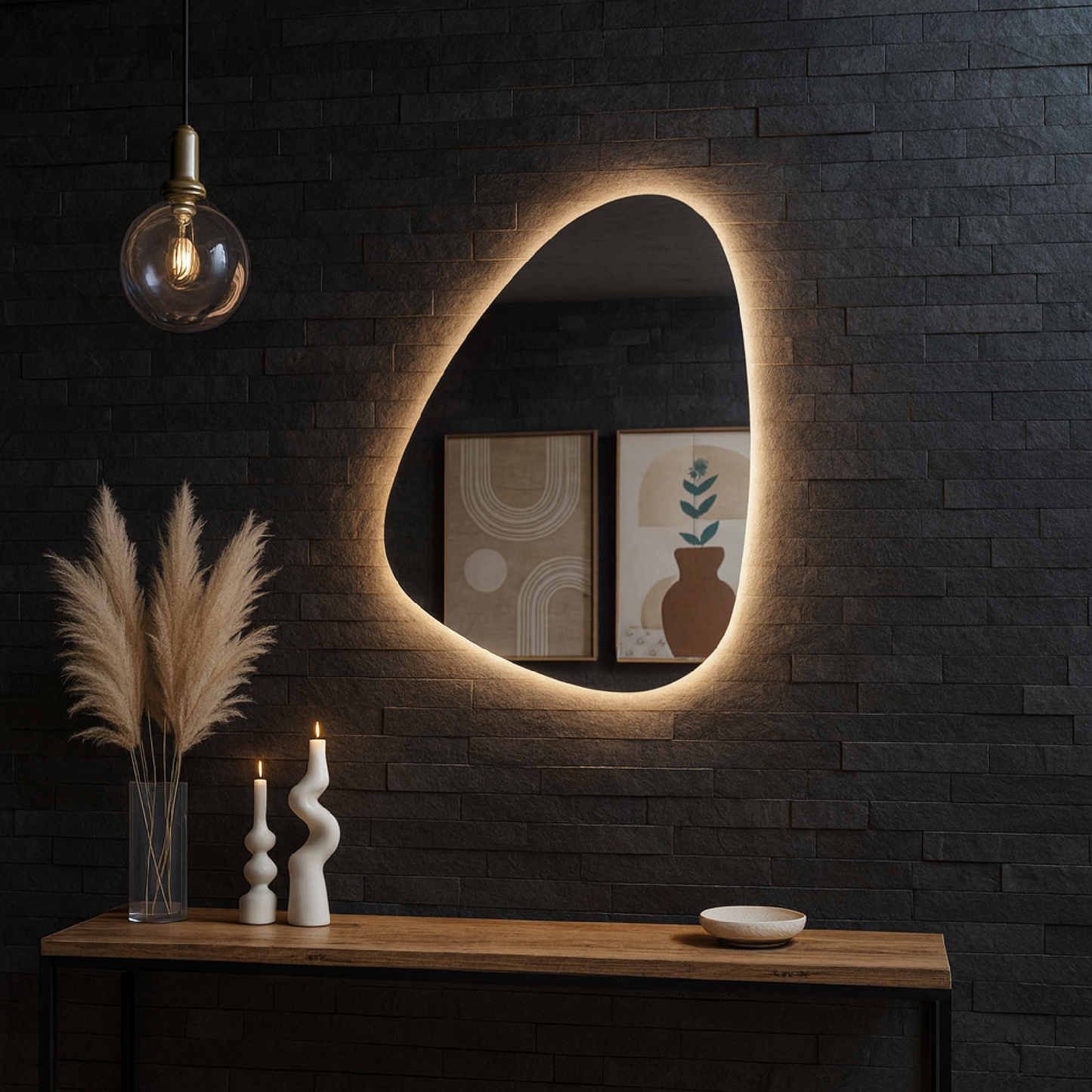 LED Bathroom Mirror – Organic Shaped Backlit Vanity Mirror with Touch Sensor,  Modern Handmade Lighted Wall Mirror