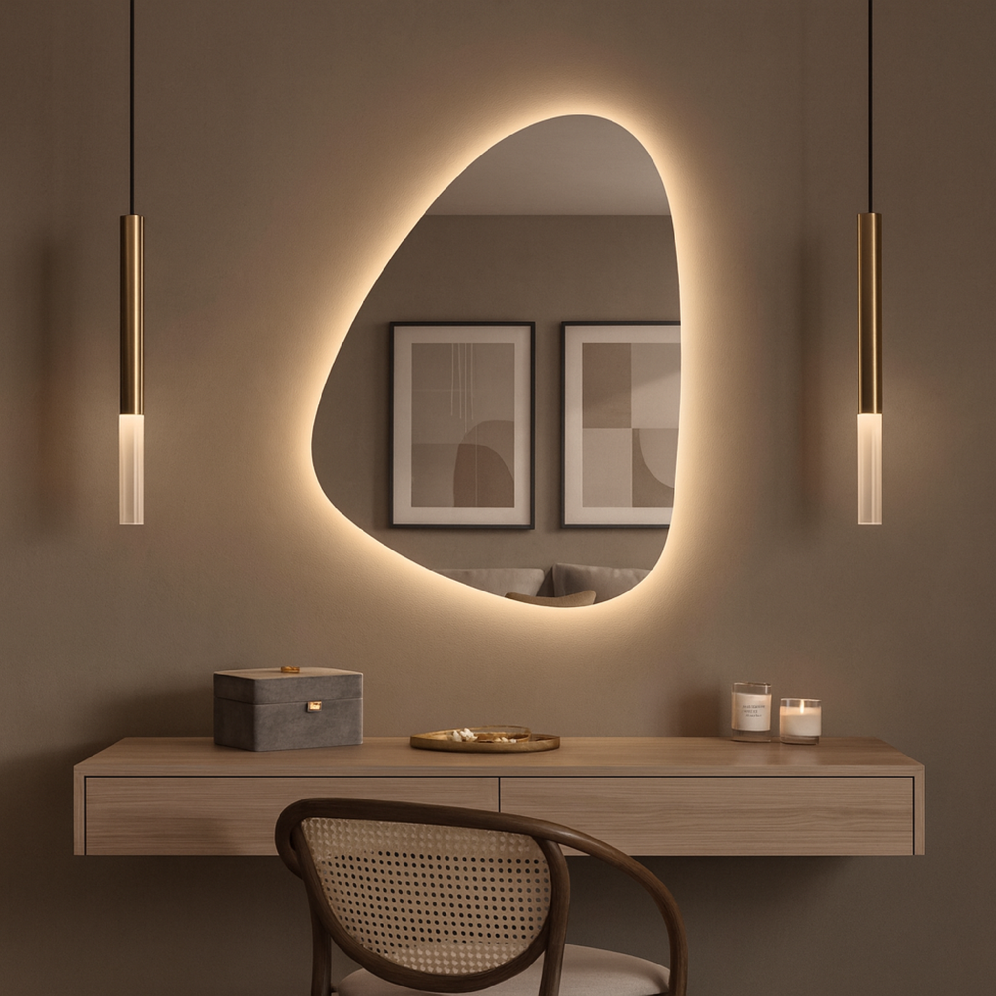 LED Bathroom Mirror – Organic Shaped Backlit Vanity Mirror with Touch Sensor,  Modern Handmade Lighted Wall Mirror