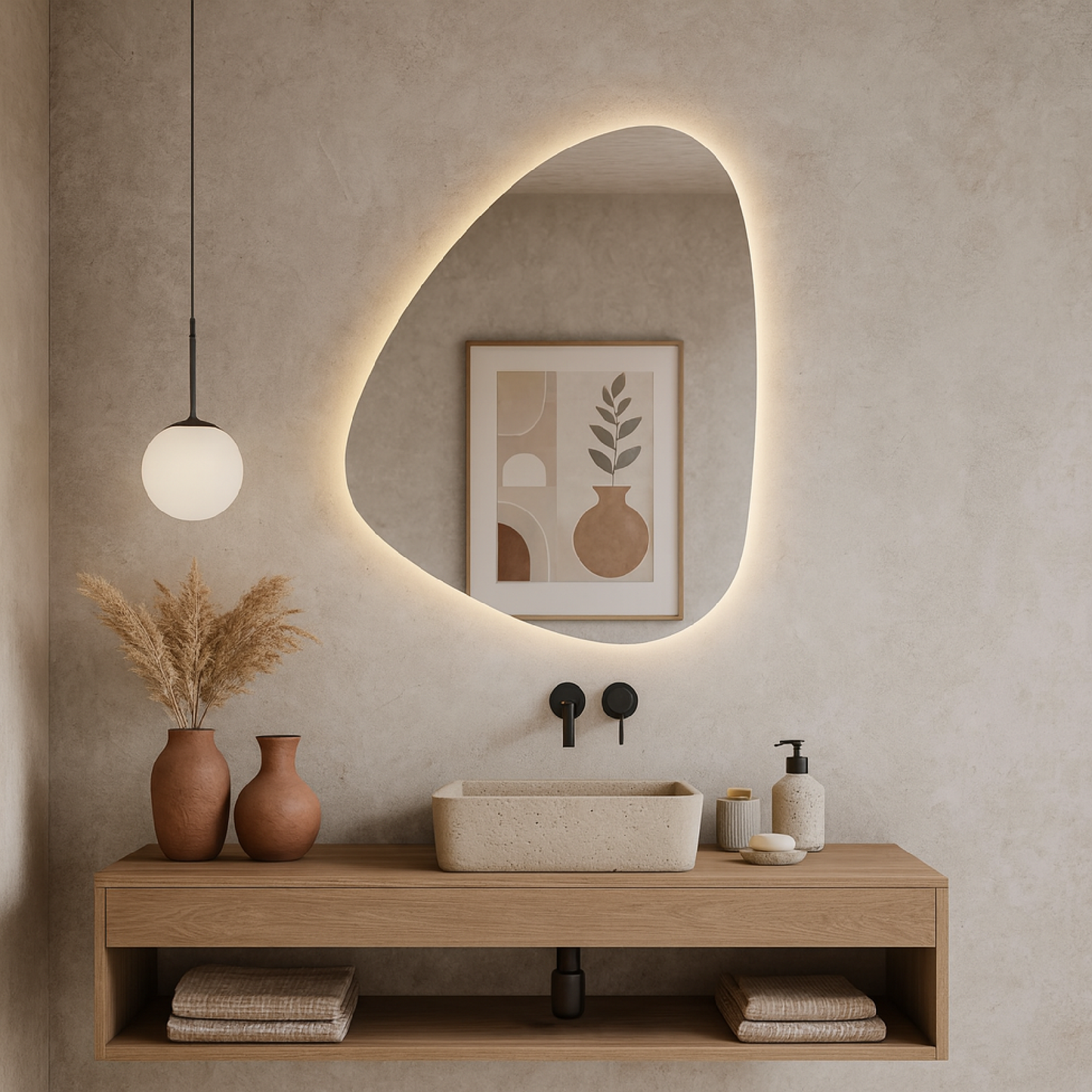 LED Bathroom Mirror – Organic Shaped Backlit Vanity Mirror with Touch Sensor,  Modern Handmade Lighted Wall Mirror