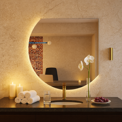 LED Bathroom Mirror – Crescent Moon Backlit Wall Mirror, Modern Lighted Vanity Mirror, Unique Designer Shape