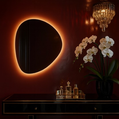Modern LED Bathroom Mirror – Organic Asymmetrical Backlit Wall Mirror with Warm & Cool Light