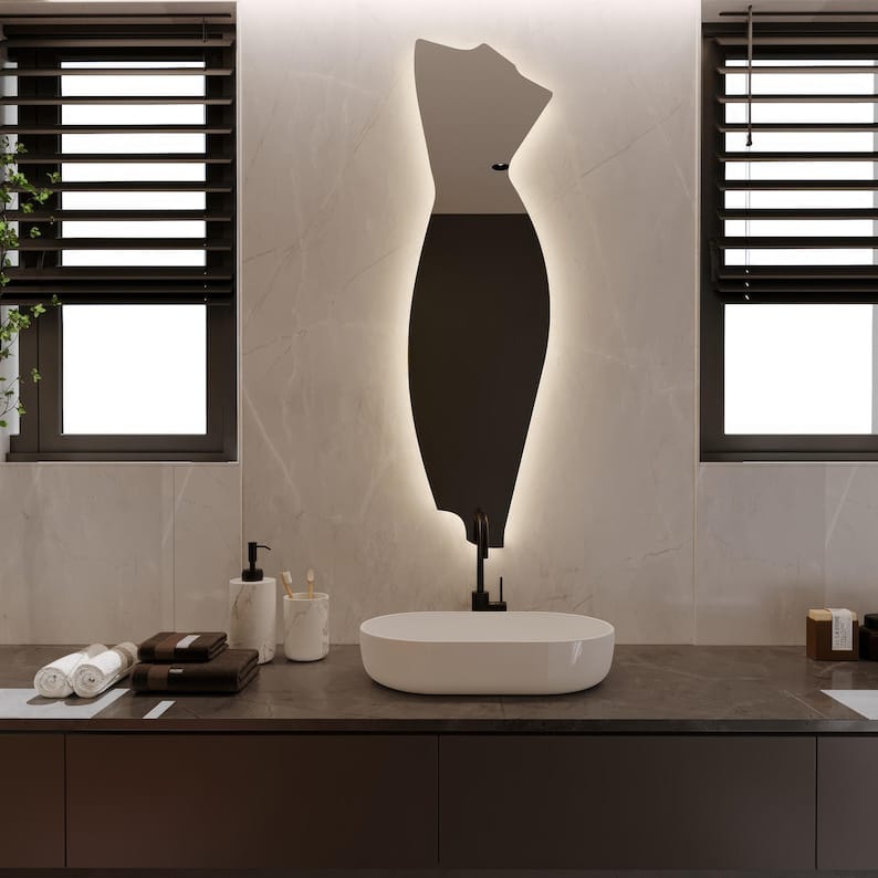 Modern LED Full Length Mirror – Asymmetrical Sculptural Backlit Mirror