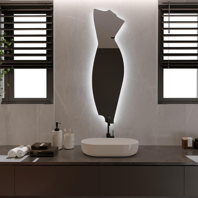 Modern LED Full Length Mirror – Asymmetrical Sculptural Backlit Mirror