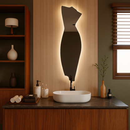 Modern LED Full Length Mirror – Asymmetrical Sculptural Backlit Mirror