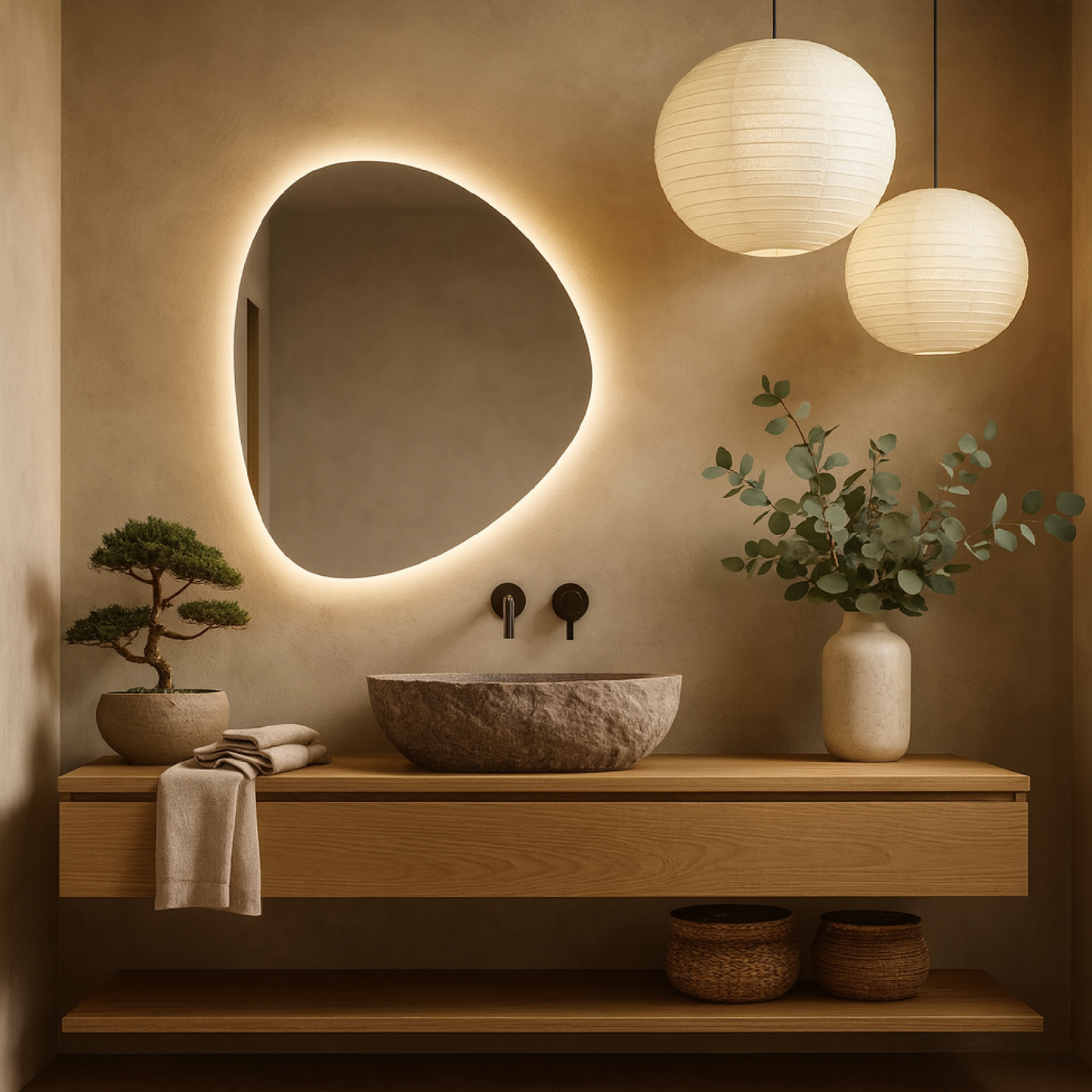 Modern LED Bathroom Mirror – Organic Asymmetrical Backlit Wall Mirror with Warm & Cool Light