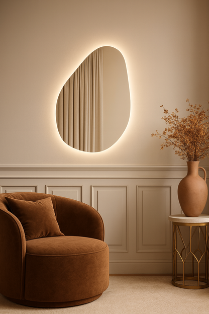 LED Bathroom Mirror Modern Backlit Design – Organic Asymmetrical Wall Mirror with Warm & Cool Light