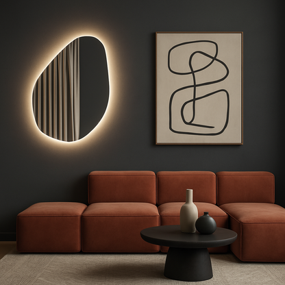 LED Bathroom Mirror Modern Backlit Design – Organic Asymmetrical Wall Mirror with Warm & Cool Light