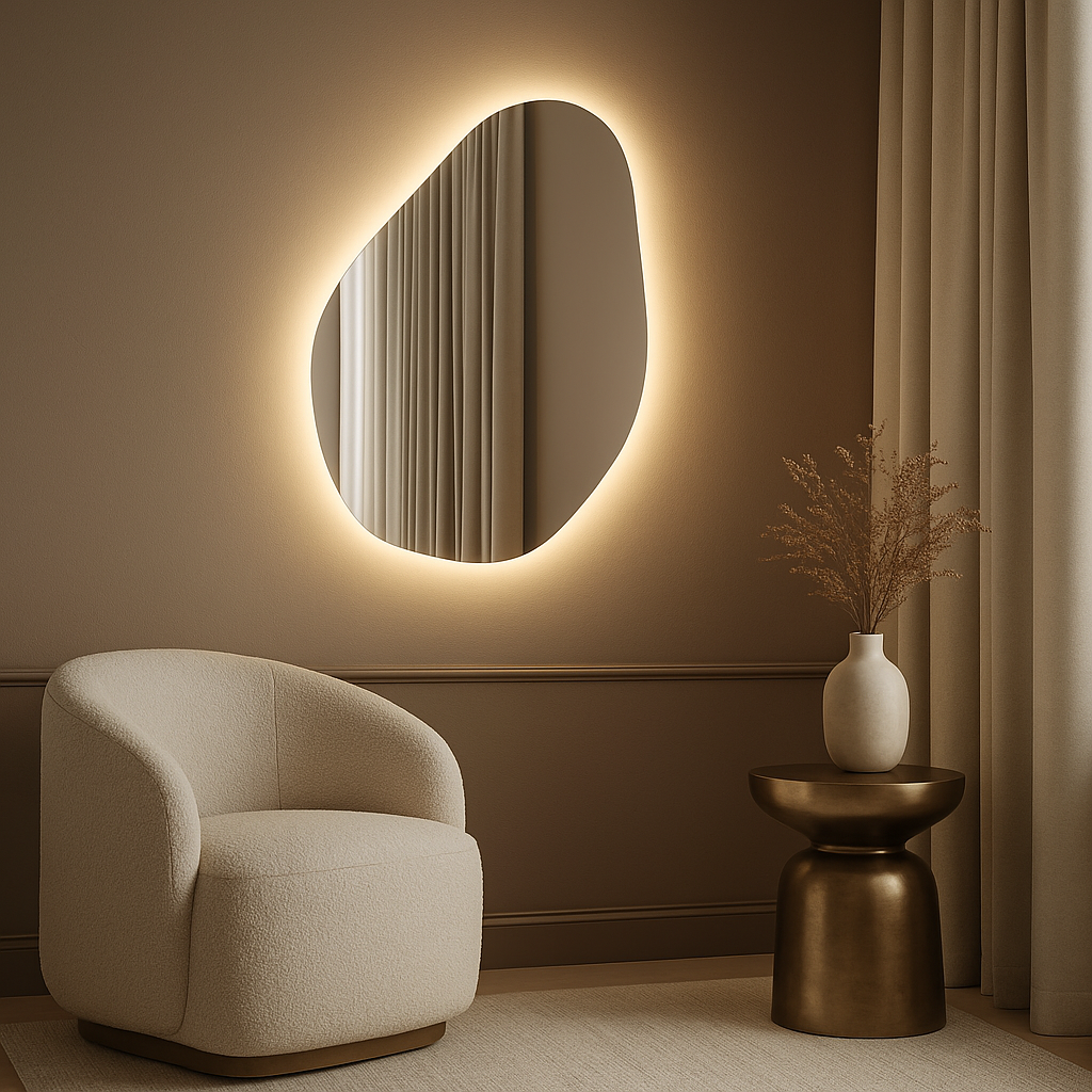 LED Bathroom Mirror Modern Backlit Design – Organic Asymmetrical Wall Mirror with Warm & Cool Light