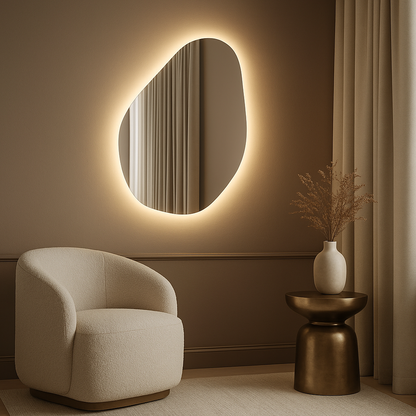 LED Bathroom Mirror Modern Backlit Design – Organic Asymmetrical Wall Mirror with Warm & Cool Light
