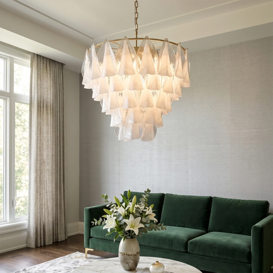 Modern Brass Tiered Glass Chandelier