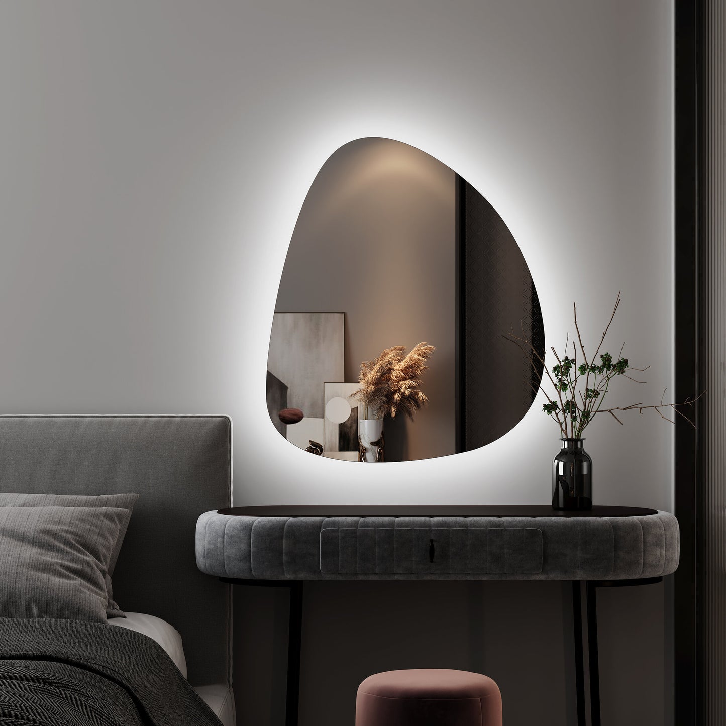 LED Bathroom Mirror Modern Backlit Design – Asymmetrical Organic Shape Wall Mirror