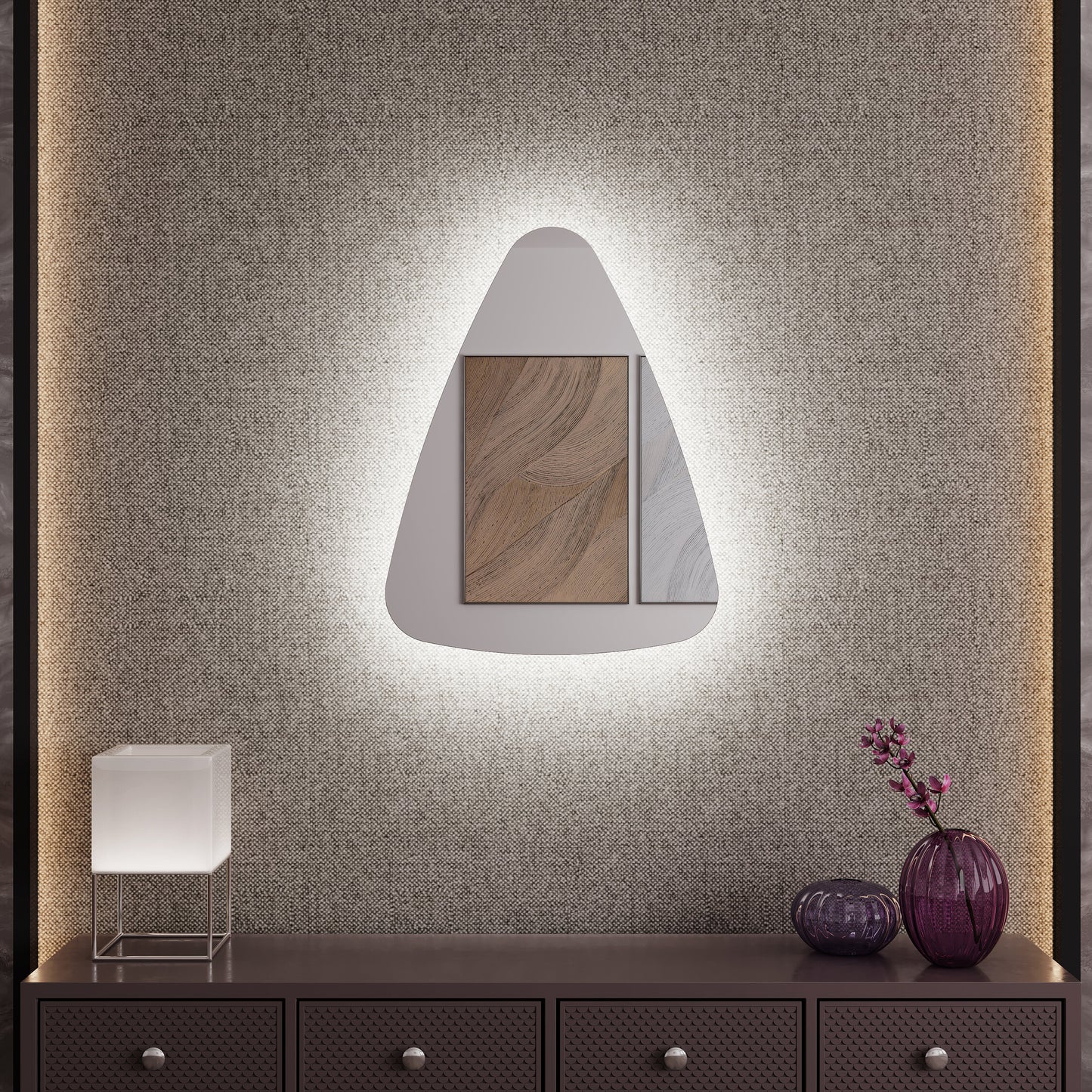 LED Bathroom Mirror Modern Backlit Design – Asymmetrical Organic Wall Mirror with Warm & Cool Light
