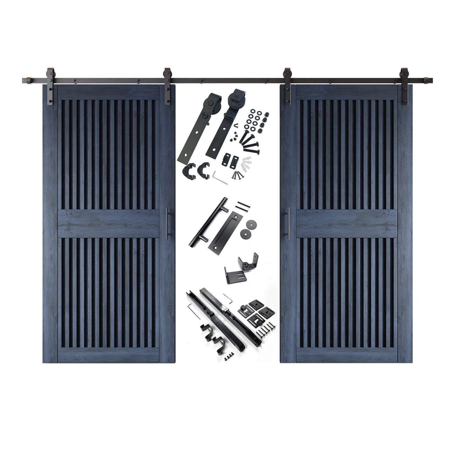 Double Barn Door Kit - Vertical Slat Design with Black Hardware & Custom Finishes