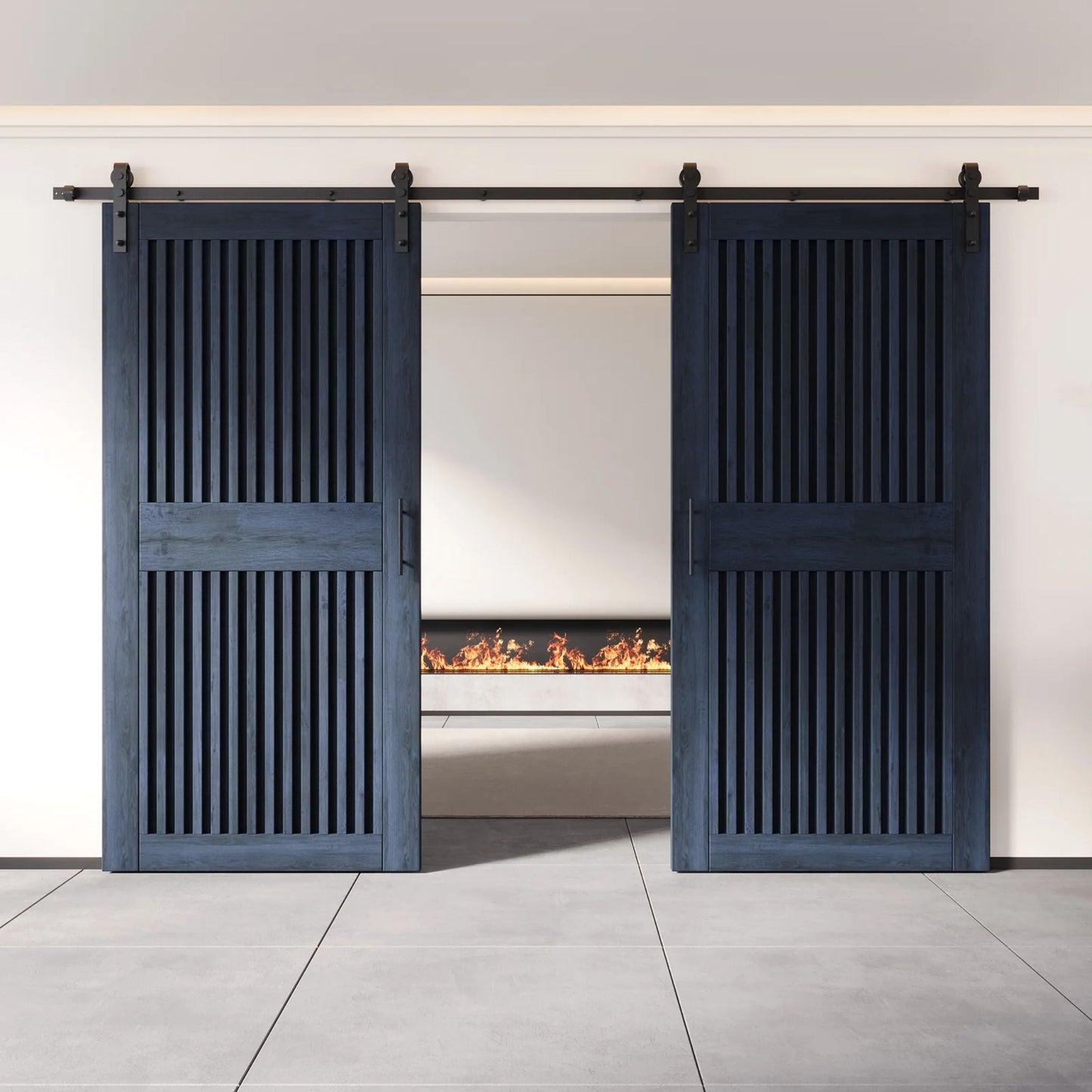 Double Barn Door Kit - Vertical Slat Design with Black Hardware & Custom Finishes