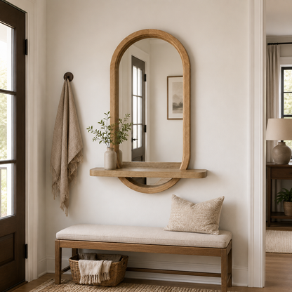 Capsule Wood Wall Mirror with Shelf, Modern Entryway and Vanity Mirror
