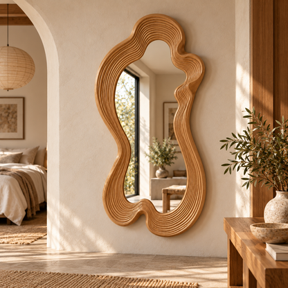 Linden Wood Wavy Mirror, Organic Full-Length Statement Wall Art