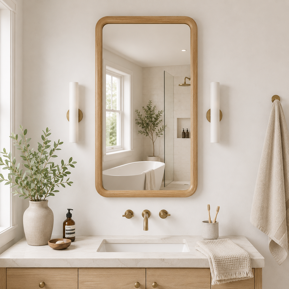 Rounded Rectangle Wall Mirror, Wood Framed Mirror, Solid Beech Wood Bathroom Vanity Mirror