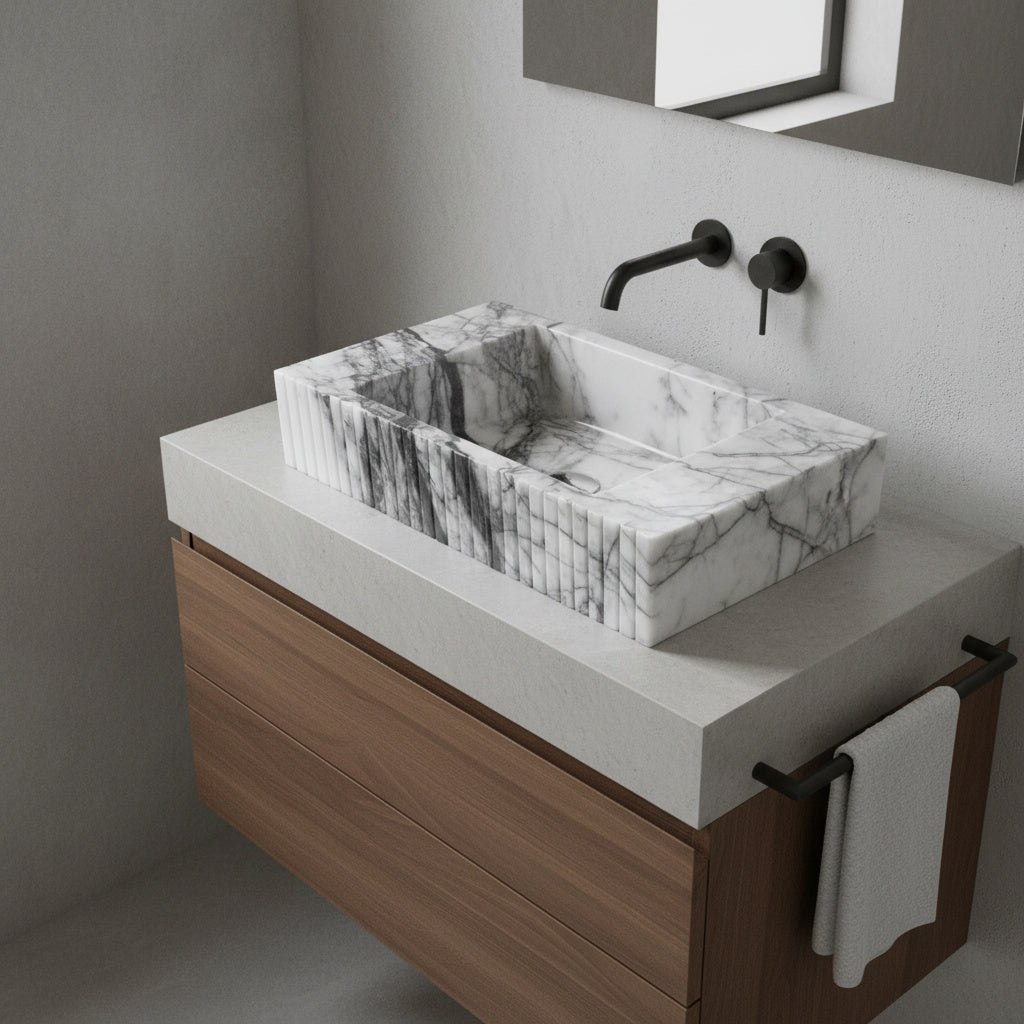 Luxury Marble Bathroom Sink – New York Marble Wall-Mount Vanity with Fluted Front (12” x 20” x 5”)