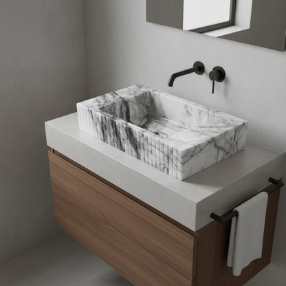 Luxury Marble Bathroom Sink – New York Marble Wall-Mount Vanity with Fluted Front (12” x 20” x 5”)