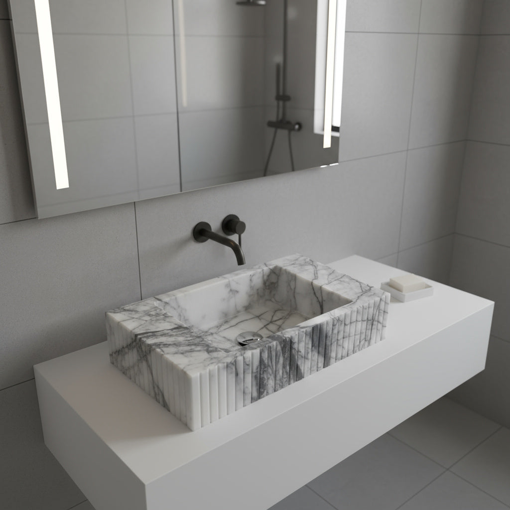 Luxury Marble Bathroom Sink – New York Marble Wall-Mount Vanity with Fluted Front (12” x 20” x 5”)