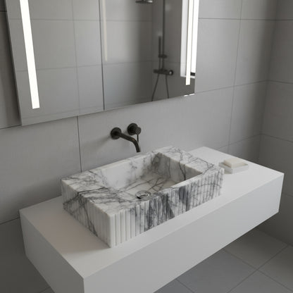 Luxury Marble Bathroom Sink – New York Marble Wall-Mount Vanity with Fluted Front (12” x 20” x 5”)