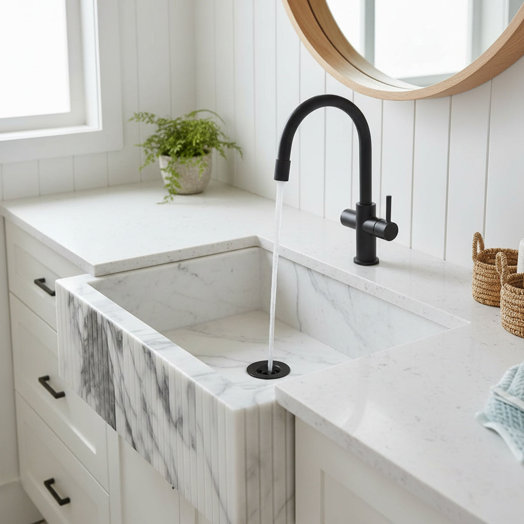 Luxury Marble Bathroom Sink – New York Marble Wall-Mount Vanity with Fluted Front (12” x 20” x 5”)