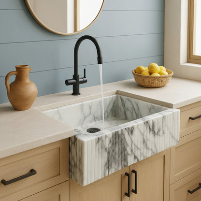 Luxury Marble Bathroom Sink – New York Marble Wall-Mount Vanity with Fluted Front (12” x 20” x 5”)